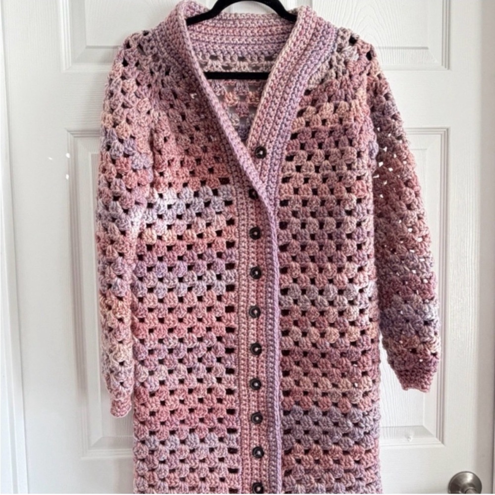 Handmade Crochet Long Cardigan Sweater - Pink and Purple.